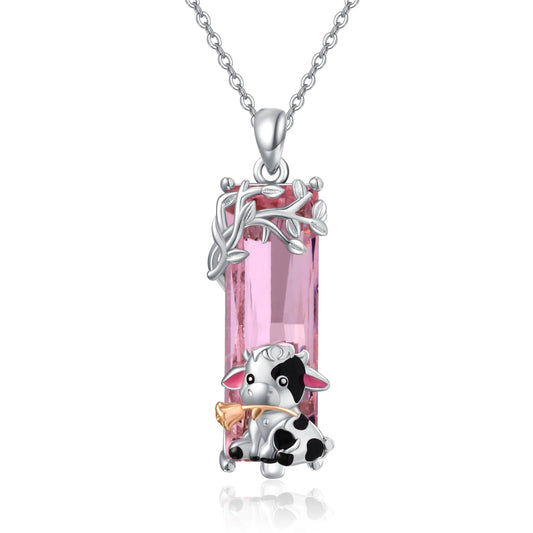AENEAS Cow Necklace for Women 925 Sterling Silver Cow Pendant Necklace Pink Crystal Jewelry Gift for Women Wife Her