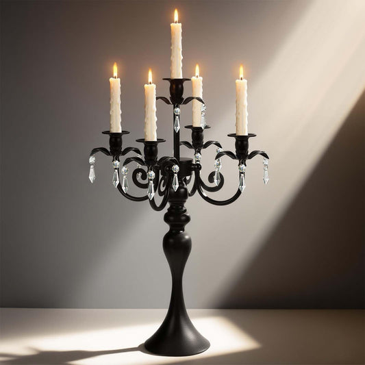20''Tall Black Crystal Pendant Taper Candle Holders/Stylish Candle Stands/Candlesticks Holder/Candelabra for Home Decor, Weddings/Parties/Elegant Dining Table Centerpiece (1, Black)