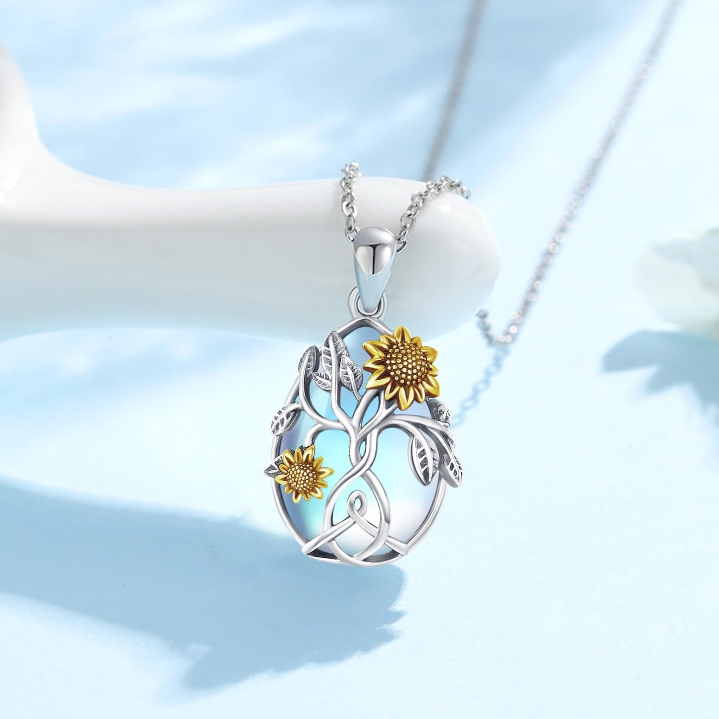 CHENGHONG Sunflower Moonstone Necklace for Women 925 Sterling Silver Family Tree of Life Teardrop Pendant Necklace Jewelry Gifts