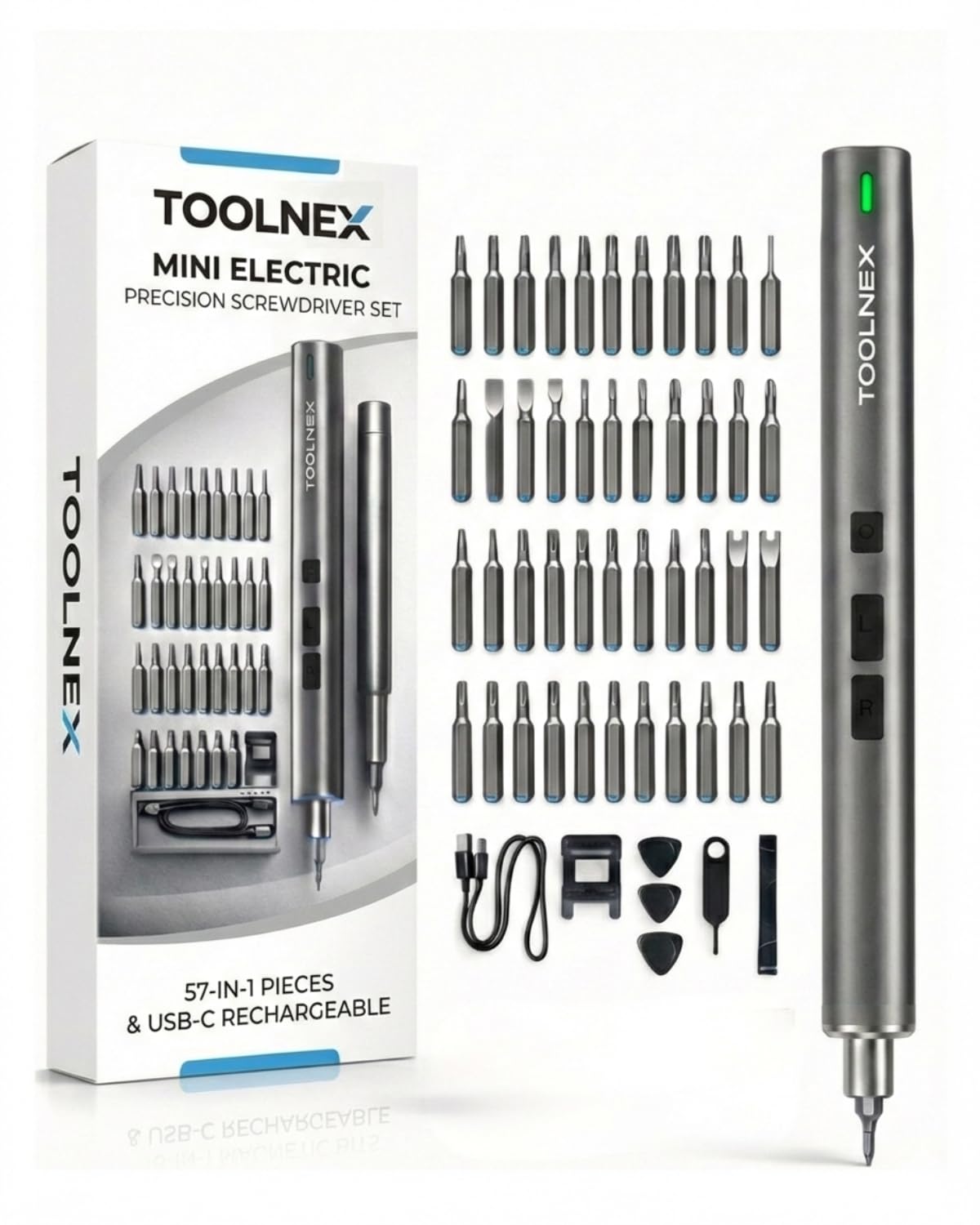 TOOLNEX Mini Electric Screwdriver Set – 57 in 1 Precision Cordless Rechargeable Driver with LED & 48 Magnetic Bits – Compact Power Tool for Electronics, DIY & Home Repair