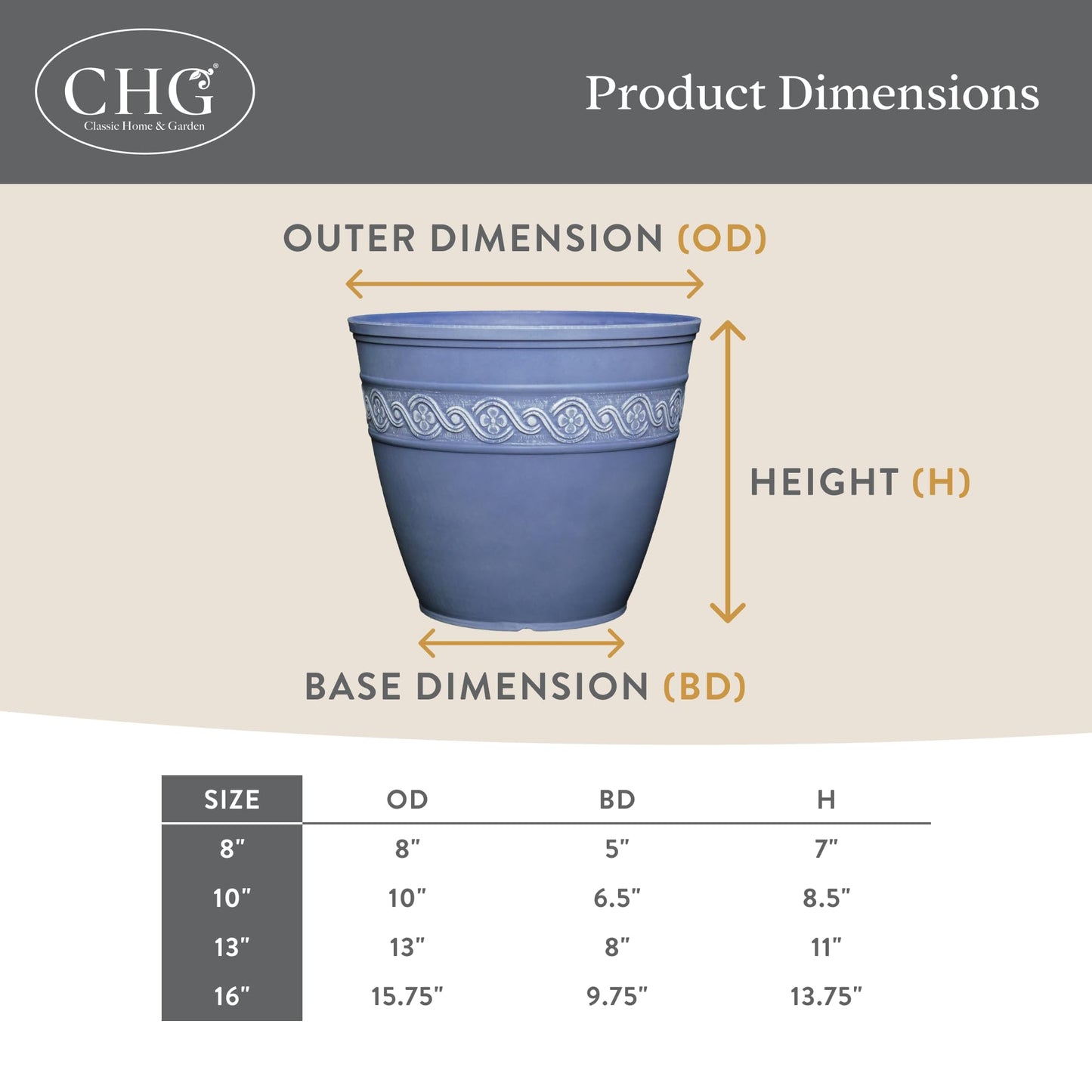 Classic Home and Garden Corinthian Resin Flower Pot Planter, Desert Tan, 8"