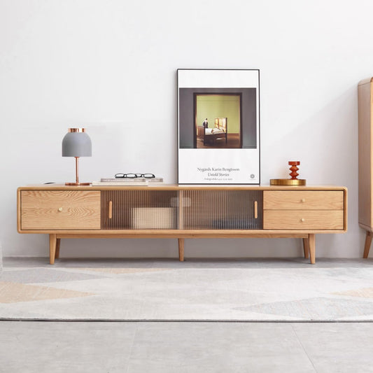 86.6" L Solid Oak Wood TV Stand for 70-85 Inch TVs, Entertainment Center with Storage, Glass Sliding Door TV Console with 2 Drawers and 3 Cabinets, TV Stands for Living Room (Oak Wood - Log Color)