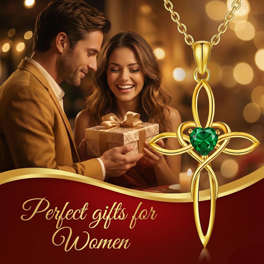 POIUY 14K Gold Celtic Knot Cross Birthstone Necklace for Women Irish Infinity Heart Pendant Cross Jewelry Anniversary Valentines Birthday Mothers Day Gifts for Mom Wife Her