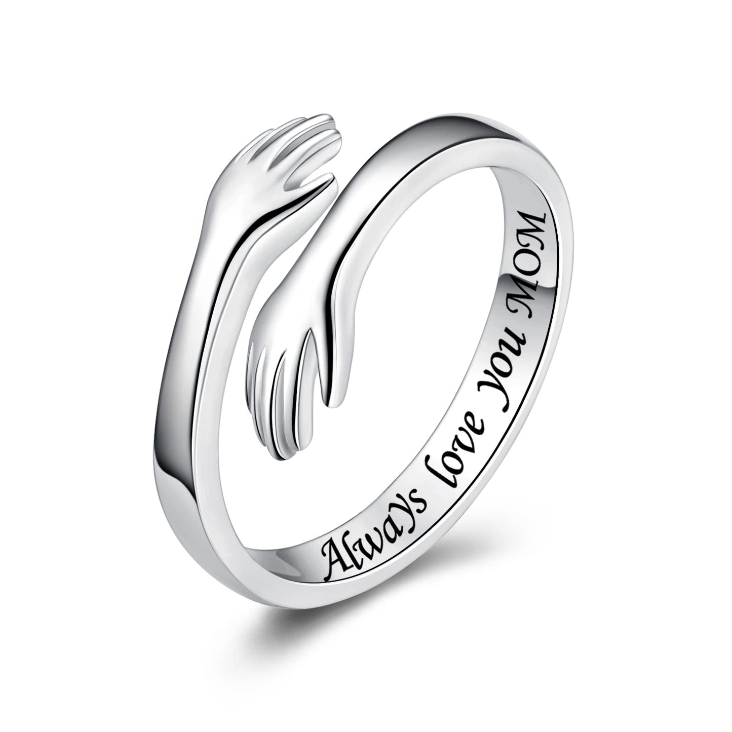 ACJFA Hug Rings for Women Sterling Silver Adjustable Ring for Women Daughter Hand Ring Jewelry for Birthday Gifts Holiday Gift for Teens(Alaways love you MOM)