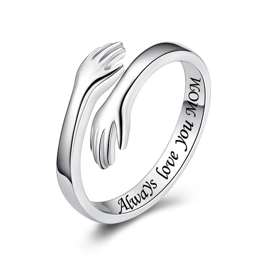ACJFA Hug Rings for Women Sterling Silver Adjustable Ring for Women Daughter Hand Ring Jewelry for Birthday Gifts Holiday Gift for Teens(Alaways love you MOM)