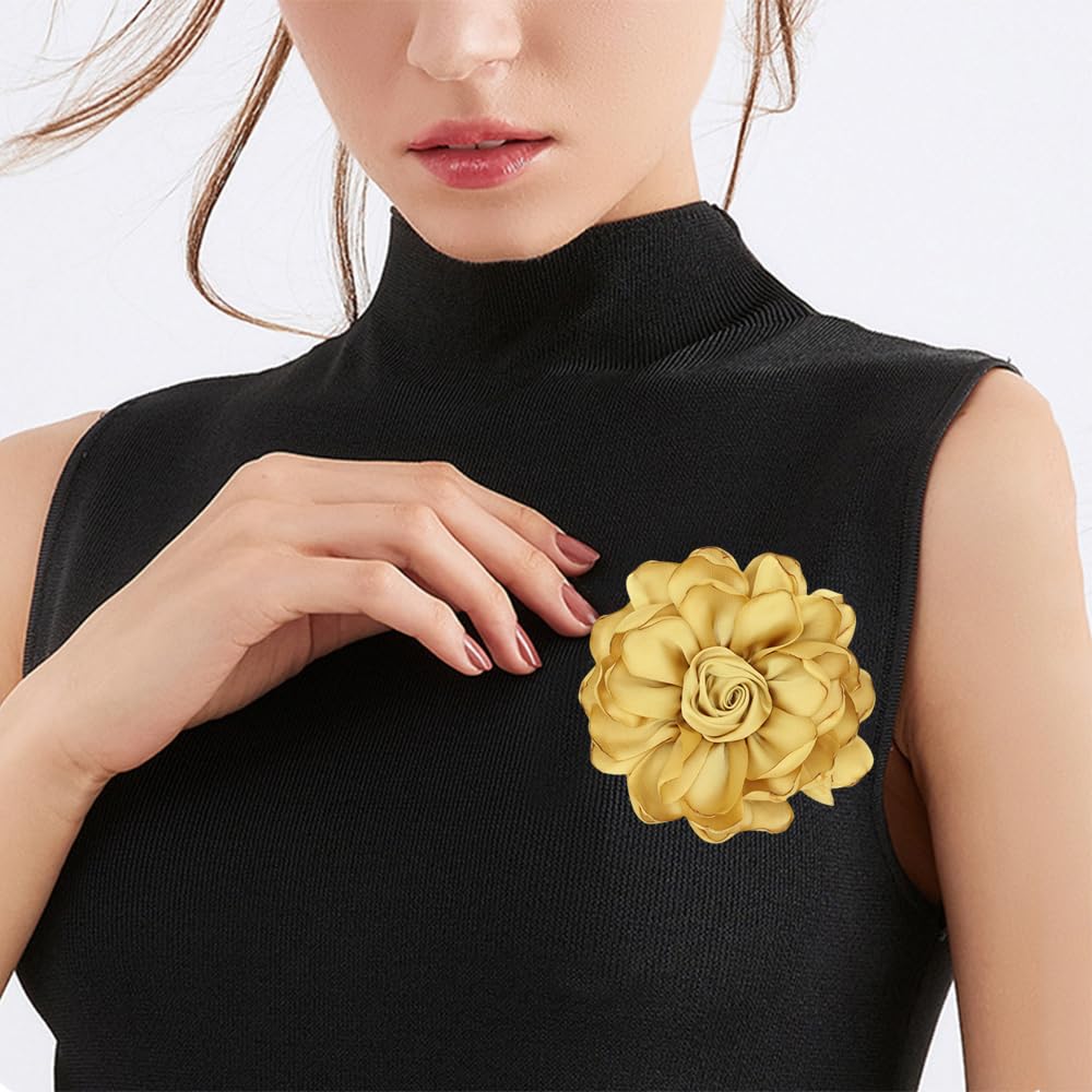 Elegant Large Cloth Flower Brooches Big Camellia Flower Pin for Women Dainty Cloth Fabric Rose Brooches Dress Skirt Scarf Hat Pins Clothing Decoration Accessories (Yellow A)