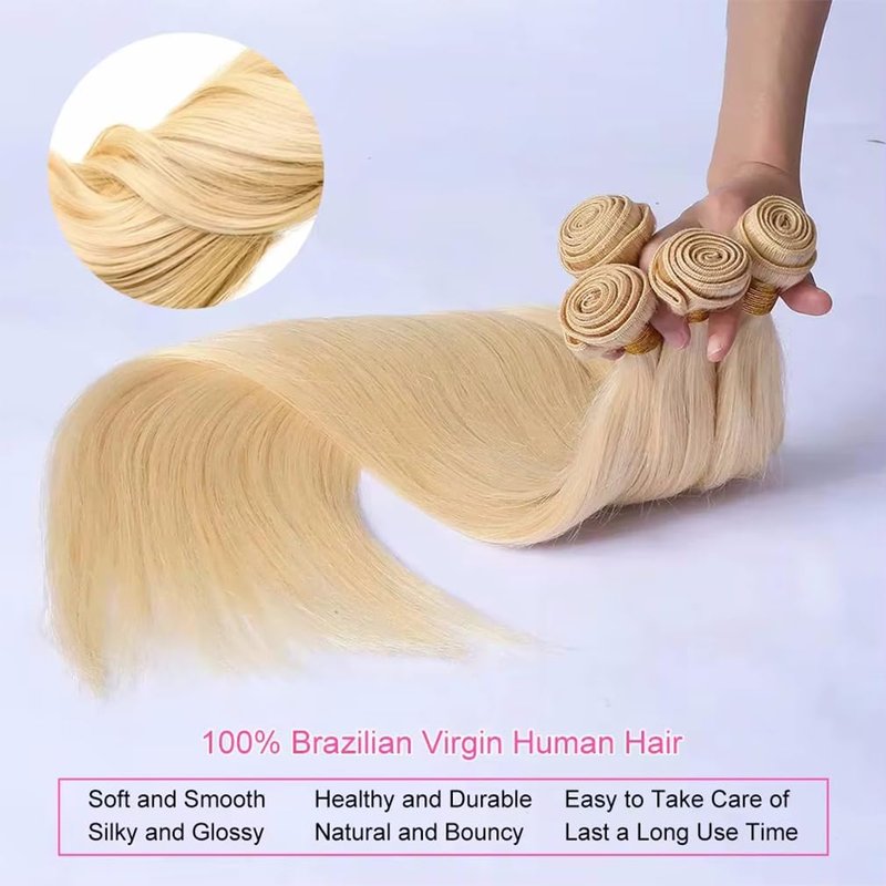 NJMNJM Straight Blonde 613 Human Hair Bundles, Straight Brazilian Virgin Human Hair Bundles, Blonde Single Bundle,#613 Color(18 inch)