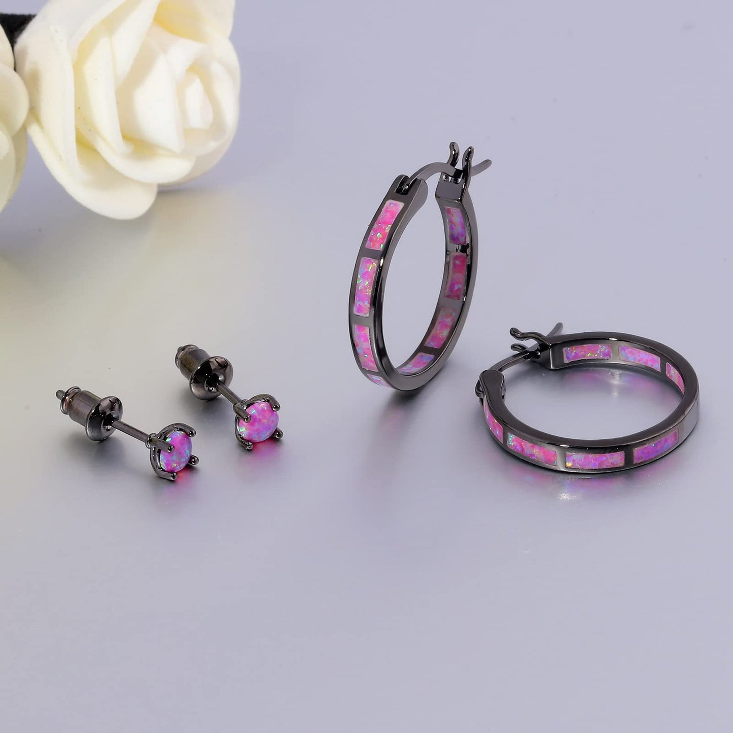 CiNily 2 Pairs Hoop Earrings Set Hypoallergenic Tiny Black Purple Opal Stud Earrings 14K Black Gold Plated Hoop Earrings for Women Men Jewelry