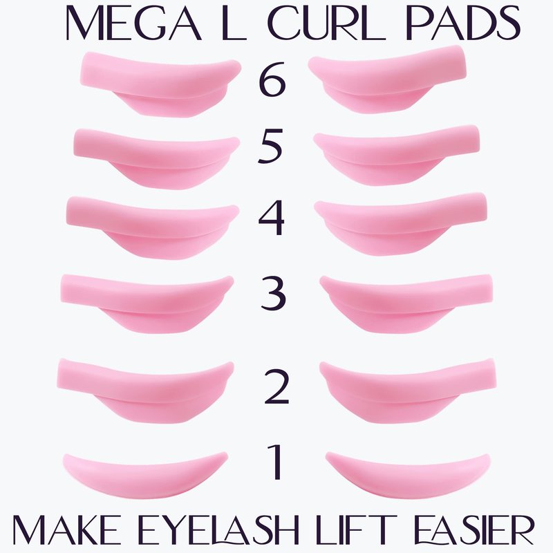 Lash Lift Pads Shield, DIY Eyelash Lift Pad, Perm Rods 6 Size Lifting Eyelashes Up Rapidly Super Curl Lami Lamination Roller Guards 6 Pairs Easily Stay on Eyes Well Soft Silicone(Mega L curling)