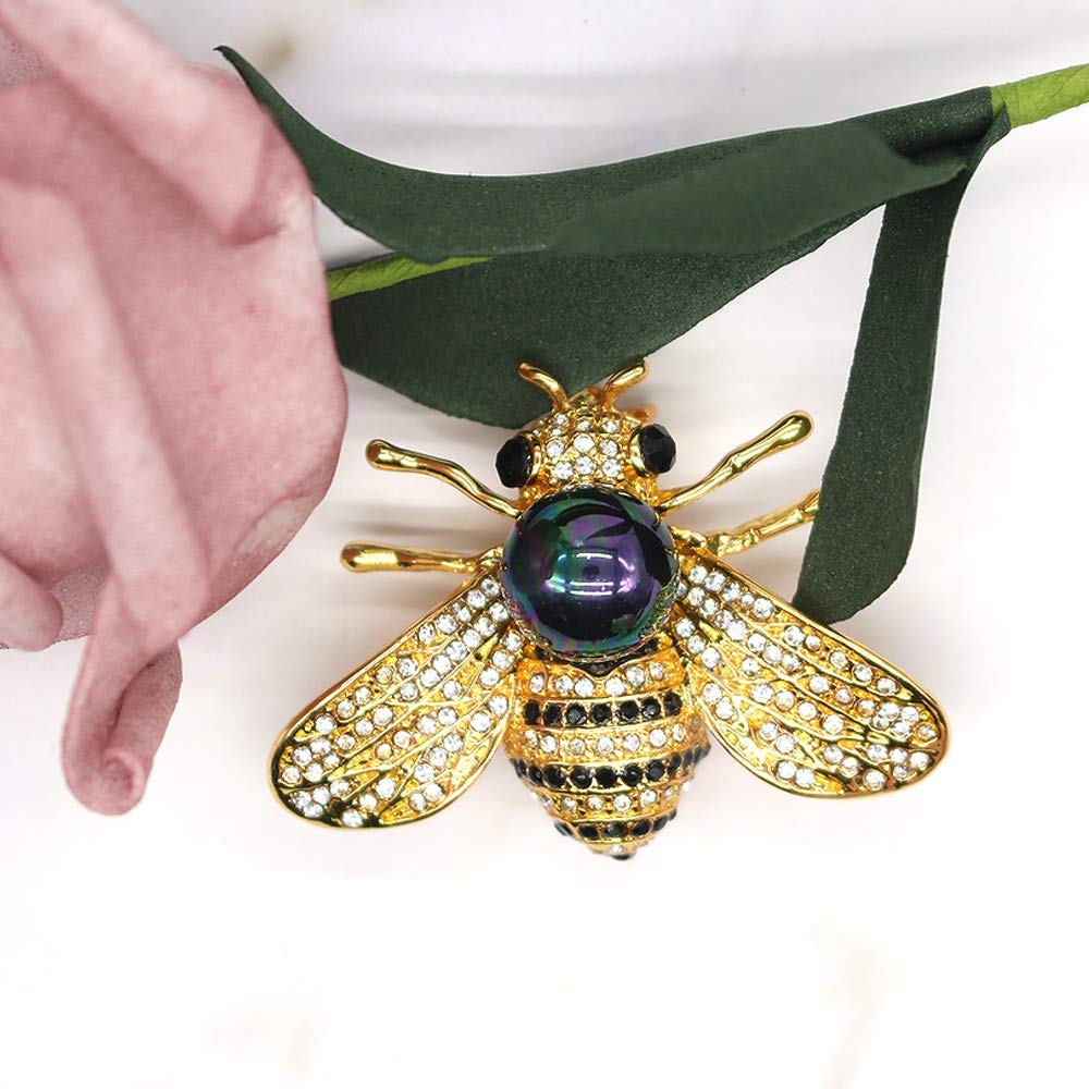 Honey Bee Brooches Crystal Insect Themed Bee Brooch Animal Fashion Shell Pearl Brooch Pin 14K Gold Plated(Multicolored black)