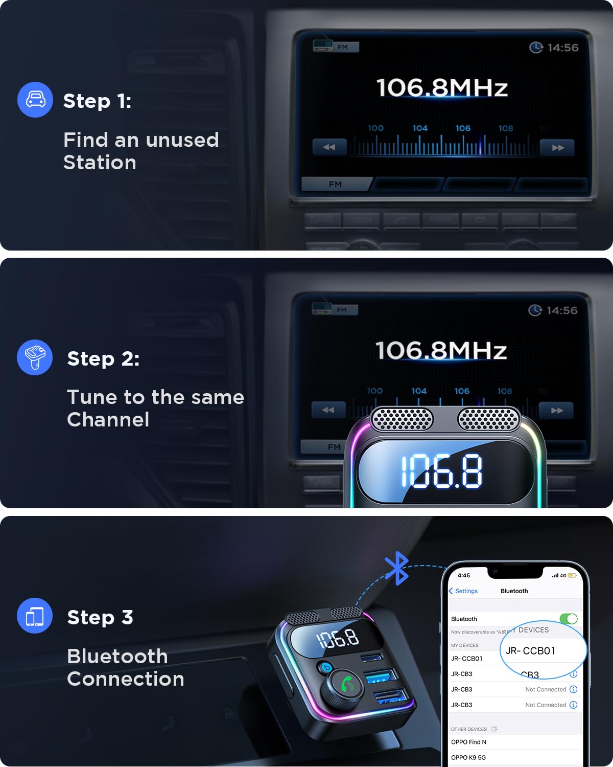 JOYROOM 81W Bluetooth 5.4 FM Transmitter Car Adapter PD & QC 3.0 USB C Car Charger Cigarette Lighter Adapter Hands-Free Calling Radio Support USB Drive [Stronger Dual Mics & HiFi Deep Bass Sound]