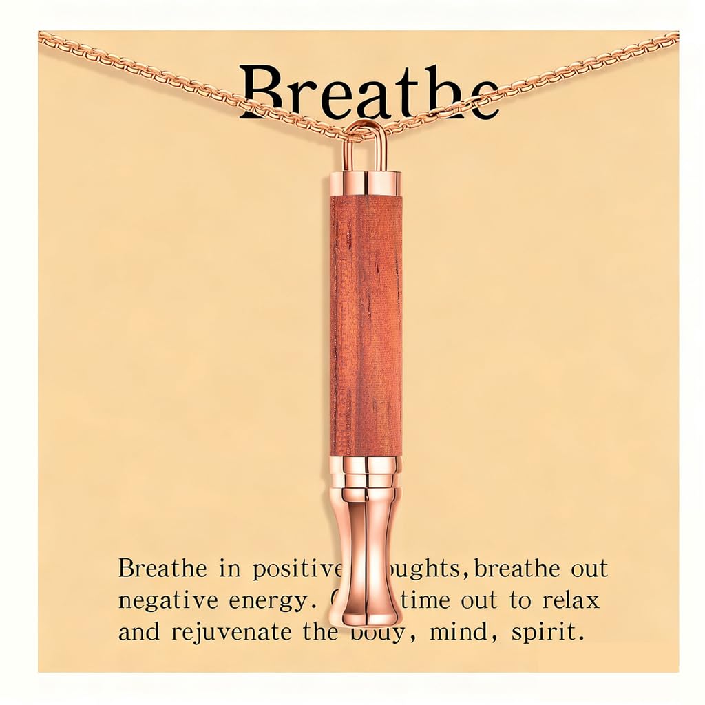 BOLAGTIER Mindful Breathing Necklace: Natural Wood Fidget Charm for Anxiety Relief & Quit Smoking Aid, Stainless Steel Sensory Pendant to Calm Your Mind (Rose Gold)