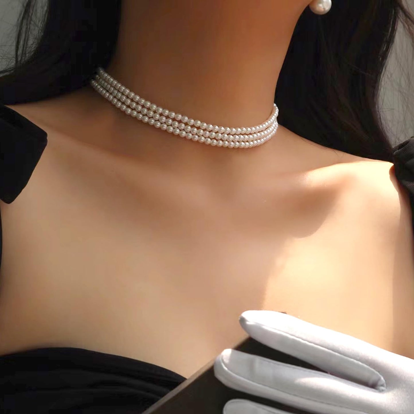 Zeffy Pearl Choker Necklace Round Imitation Pearl Necklace Multi Strands Choker Wedding Party Prom Vintage 1920s Short Choker Necklace for Women