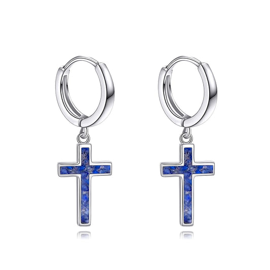 925 Sterling Silver Cross Hoop Earrings Dangle Drop Earrings Huggie Jewelry Birthday Gifts for Women (Lapis Lazuli Cross)