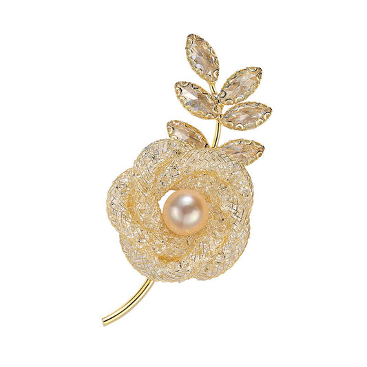 AILONMEI Elegant Pearl Flower Designer Brooch Pins Broches Costume Jewelry For Women Fashion Christmas Gift (Gold Rose)