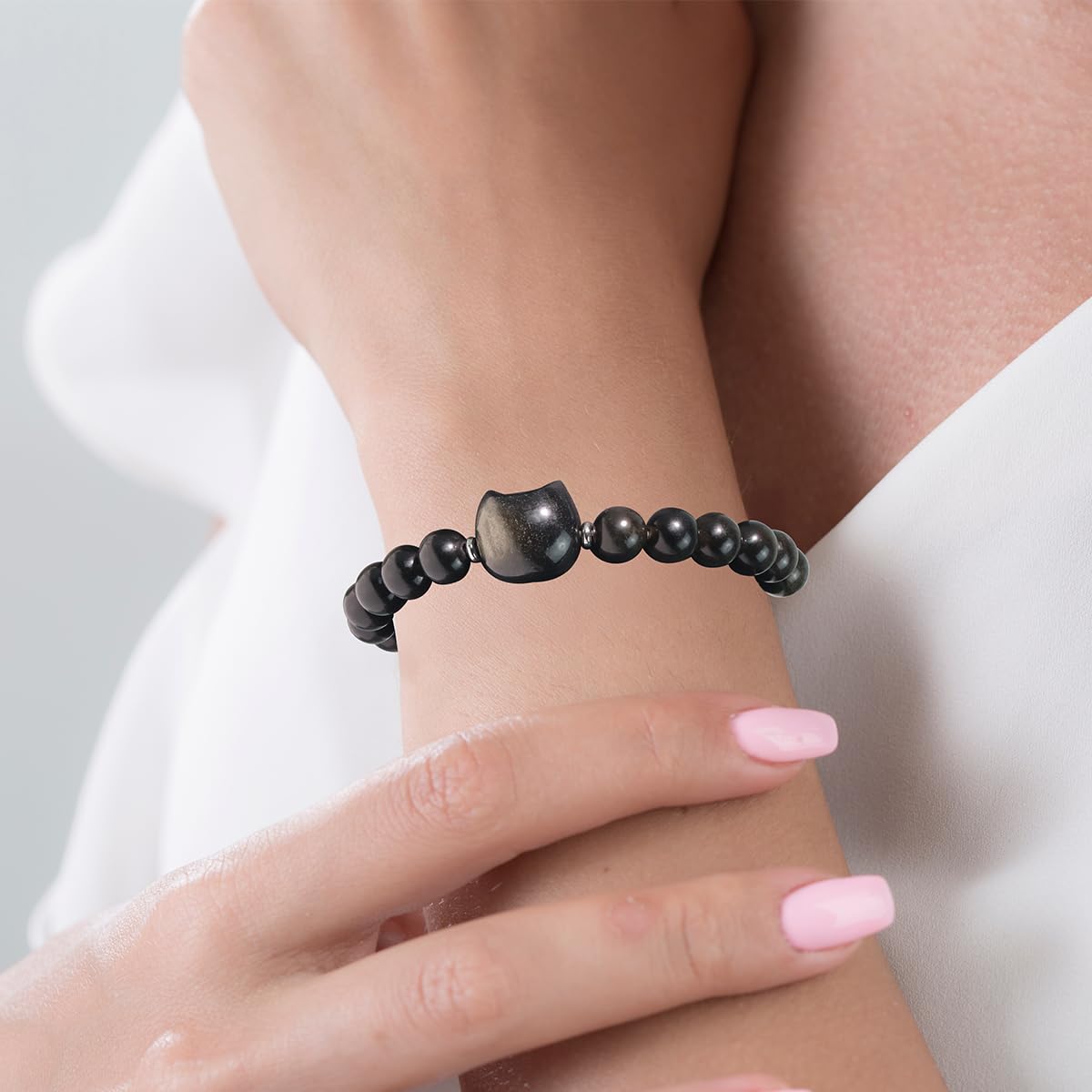 Beaded Bracelets for Women, Black Obsidian Money Attraction Bracelet, 8mm Healing Relax Anxiety Luck Crystal Bead Bracelets, Adjustable Jewelry Feng Shui Stretch Bracelet Cat Lover Gifts for Women Men