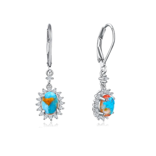 AIBAO Orange Turquoise Dangle Earrings Western Jewelry for Women Oval Cut Gemstone Snowflake Dangling Earrings Sterling Silver Turquoise Earrings