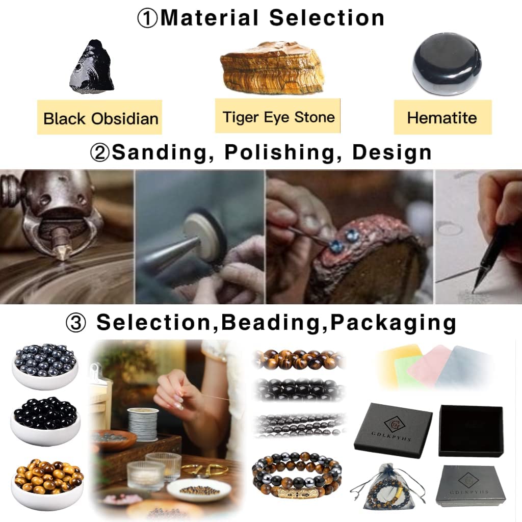 2Pcs Triple Protection Bracelet,Natural Tigers Eye Black Obsidian and Hematite 8 MM Beads Bracelet for Men Women Gift, Healing Crystal Bracelets Bring Luck and Prosperity and Happiness (Green)