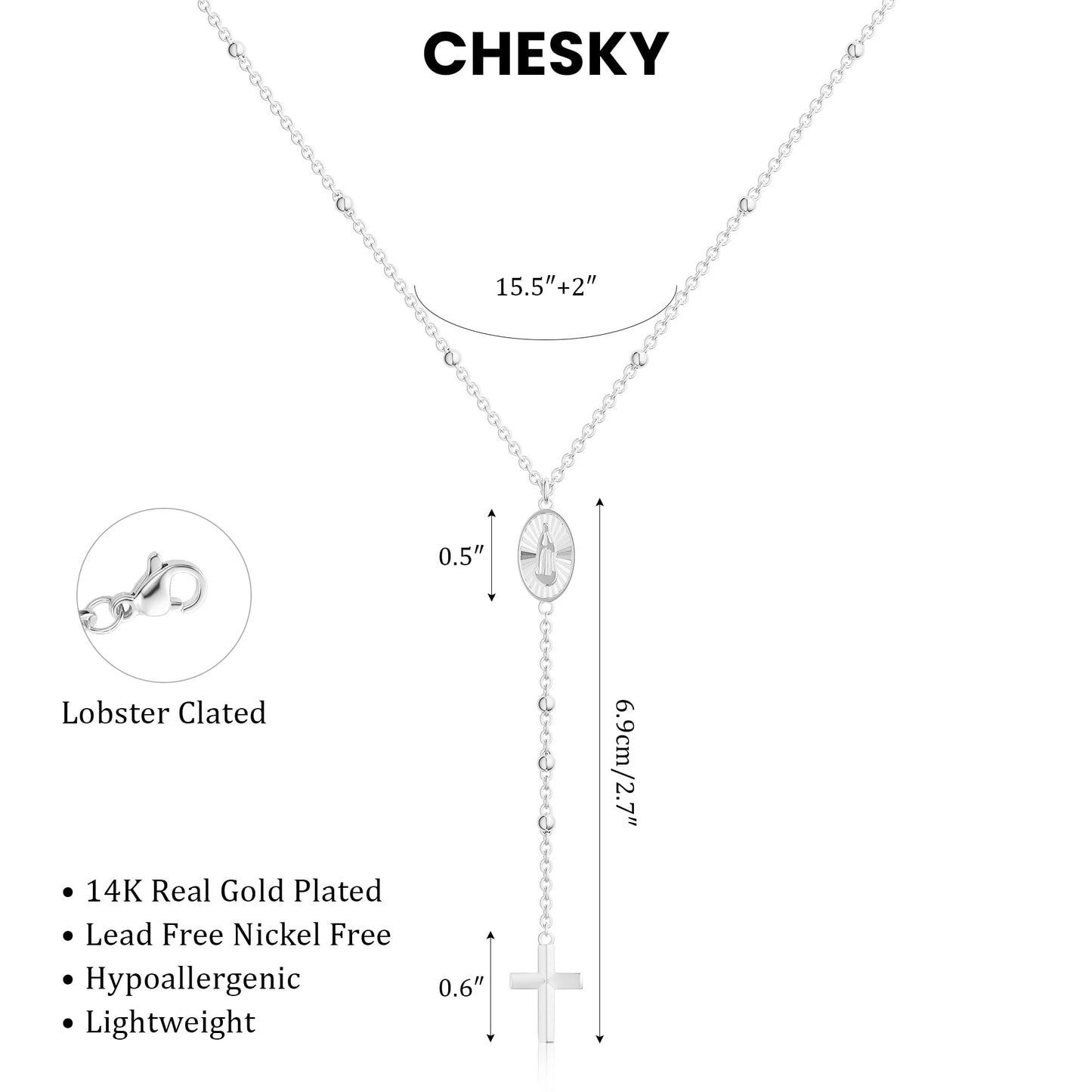 CHESKY Sliver Plated Lariat Necklace Long Y Necklace for Women Rosary Cross Drop Pendant Bead Trendy Christian Jewelry