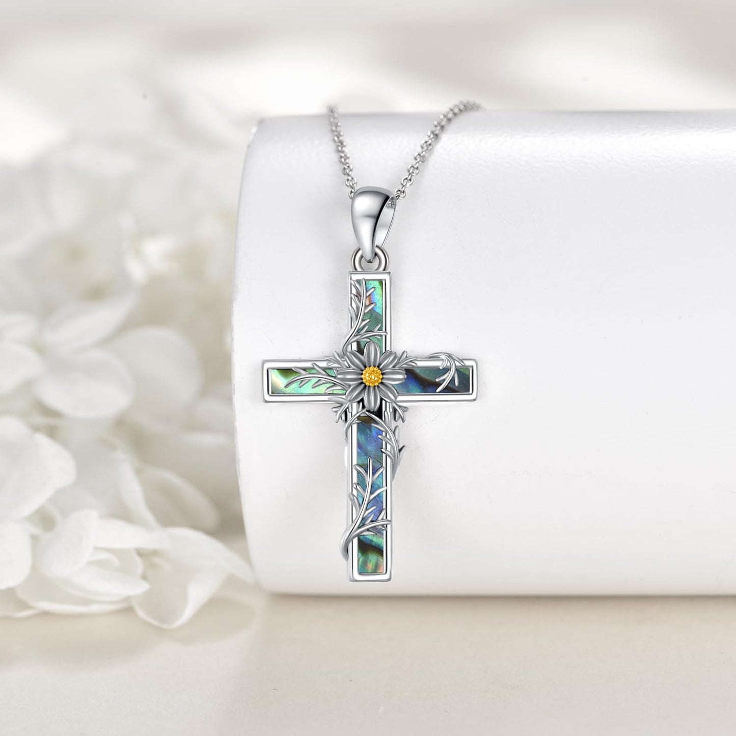 YFN Cosmos Cross Necklace Sterling Silver Flower Cross Pendant Abalone Shell Jewelry Religious Christian Baptism Gifts for Her Women