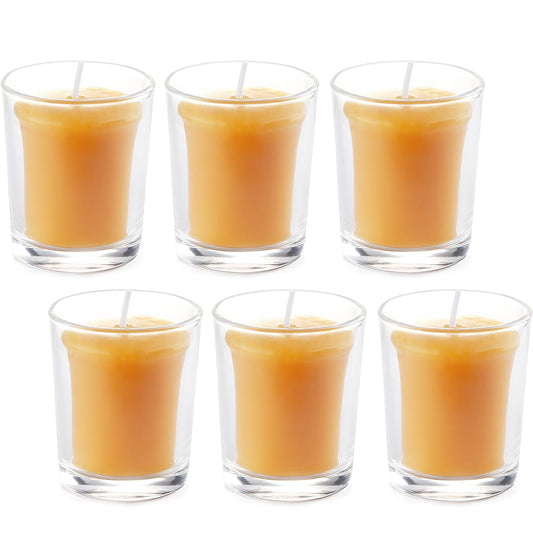 AGLARY 6PCS Pure Beeswax Votive Candles in Glass Cup, Unscented, Naturally Lightly Honey Scented, 12 Hours Burn Time Each (Raw)
