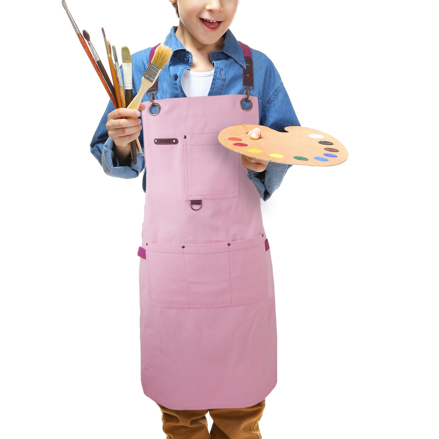 Stenffy Kids Art Aprons for Painting, Gardening, Cooking, Multiple Pockets, Kids Smock for Boys & Girls, (Age6-12) (Fuchsia Pink)