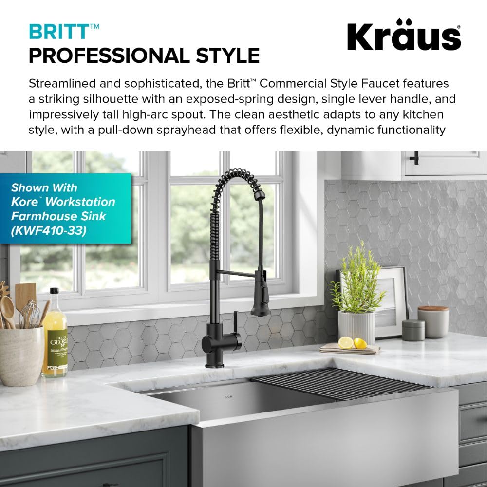 KRAUS Britt Commercial Style Pull-Down Single Handle Kitchen Faucet in Matte Black/Spot-Free Black Stainless Steel, KPF-1691MBSFSB