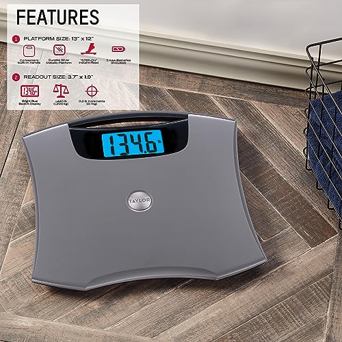 Taylor Digital Scales for Body Weight, Extra High 440 LB Capacity, Built in Handle, Jumbo Blue Readout, Durable Platform, 13.0 x 12.0 Inches, Silver Metallic