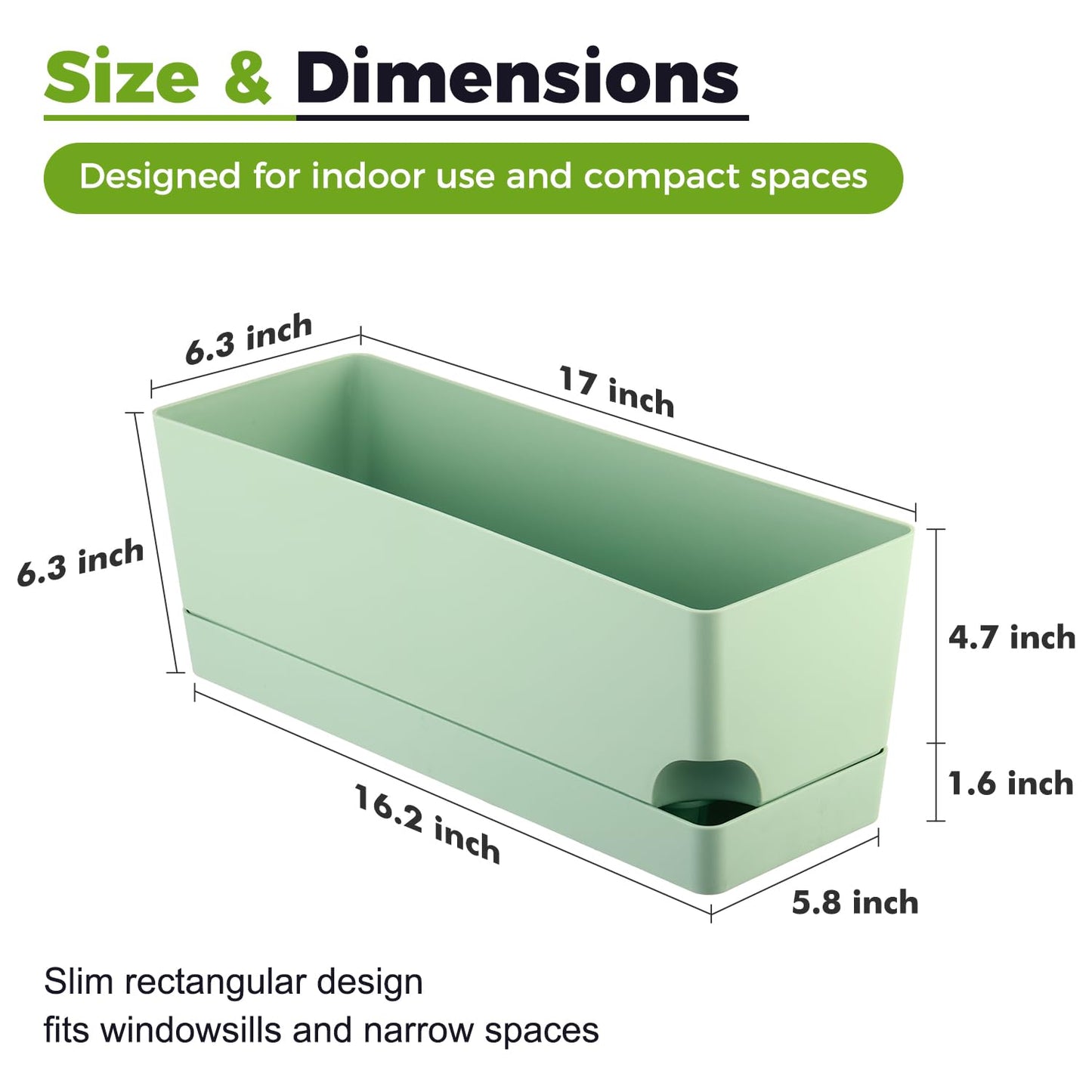 2 Pack Self Watering Pots for Indoor Plants 17 Inches Window Boxes Planters Rectangular Flower Pots Rectangle Herb Pots Large Plant Pots with Drainage Holes and Saucers Windowsill Planter, Green