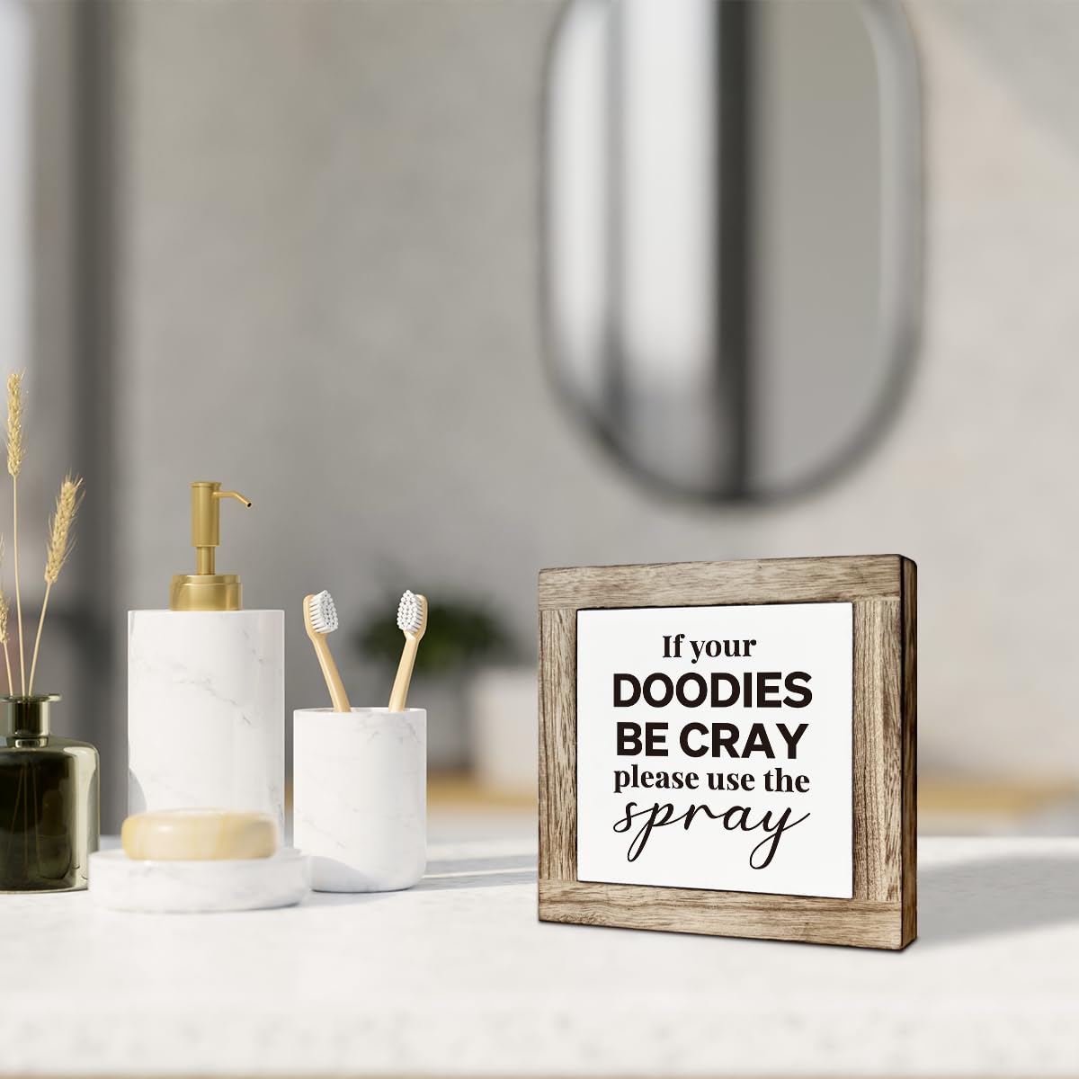 Funny Bathroom Decor, Rustic Shelf Decoration, Farmhouse Home Decor for Restroom, Decorative Wooden Table Sign, If Your Doodies Be Cray Please Use the Spray Sign 5.9×5.9 inches