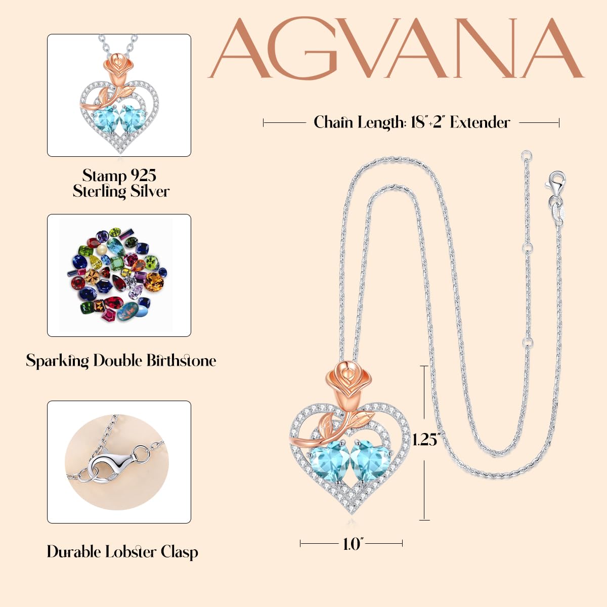 AGVANA July November Birthstone Jewelry Ruby Citrine Necklace Sterling Silver Rose Flower Heart Double Birthstone Pendant Necklace Anniversary Birthday Gifts for Women Mom Wife Lady Her