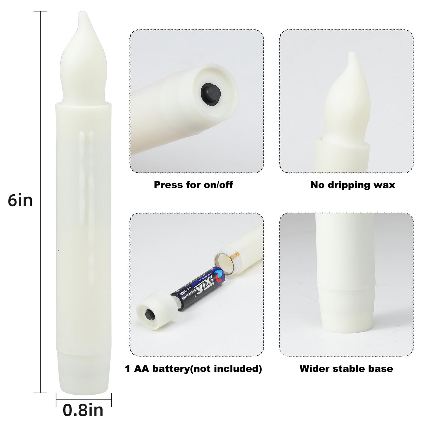 Lezonic Flameless Battery Operated Candlesticks Flickering, 24Pcs White LED Battery Christmas Window Candles, 6 Inch Short Taper Candles Hanging Halloween Floating by Touch, No Remote