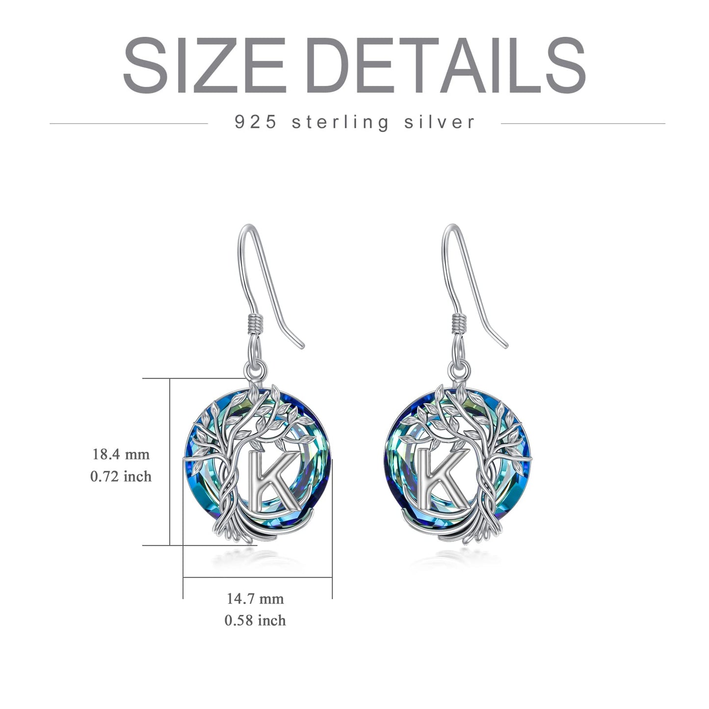 TOUPOP Tree of Life Initial Earrings Sterling Silver Initial K Letter Drop Dangle Earrings Blue Circle Crystal Family Tree Jewelry Birthday Mothers Day Gifts for Women Mom Her