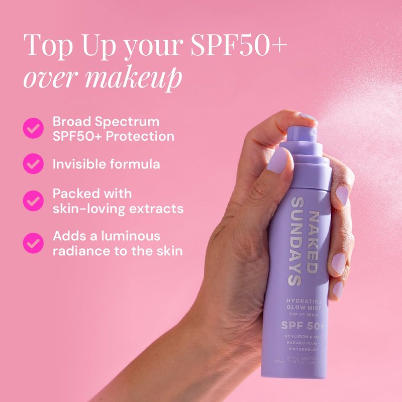 Naked Sundays SPF 50 Hydrating Glow Face Mist, Sunscreen Setting Spray & SPF Mist for Face, Makeup Setting Spray with Hyaluronic Acid, Lightweight, Non-Greasy Hydration, 75ml