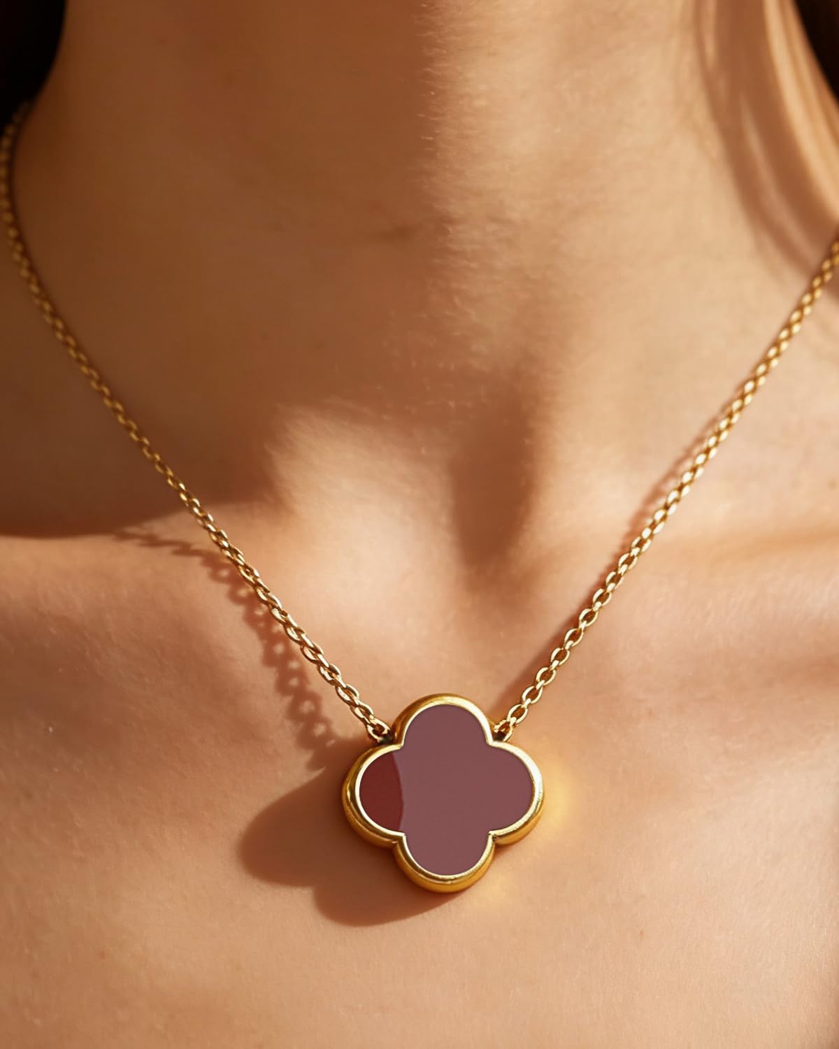 Aimétte Monette 18K Gold Plated Necklaces for Women, Dainty Lucky Four Leaf Clover Gold Necklace Set 2 Side Clover Charm Necklace, Fashion Jewelry Gifts for Women Red and White
