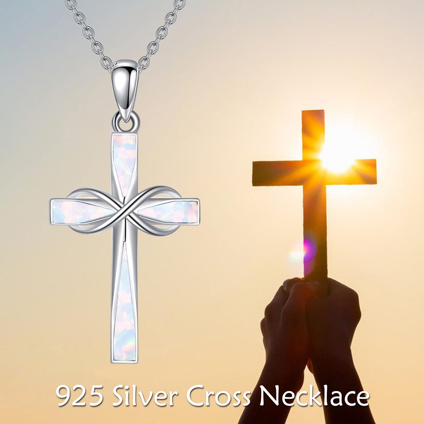 ONEFINITY Opal Cross Necklace 925 Sterling Silver Infinity Cross Pendant Necklace White Opal Jewelry Gifts for Women