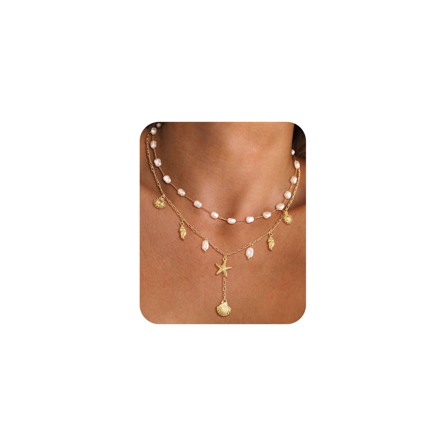 JALZEMPL Shell Charm Necklace For Women Stack Seashell Pearl Dainty Starfish Beach Layered 14k Gold Plated Pendant Summer Boho Jewelry Gifts (Style A)
