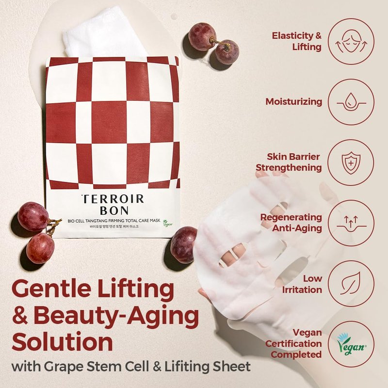 TerroirBon Vegan BioCell TangTang Firming Total Care Mask for Sensitive Skin–Jawline Lifting, Elasticity Hydrating, Elasticity, Plumping, Grape Stem Cell Sheet Mask | Korean Skincare, 1.28 fl ozx4ea