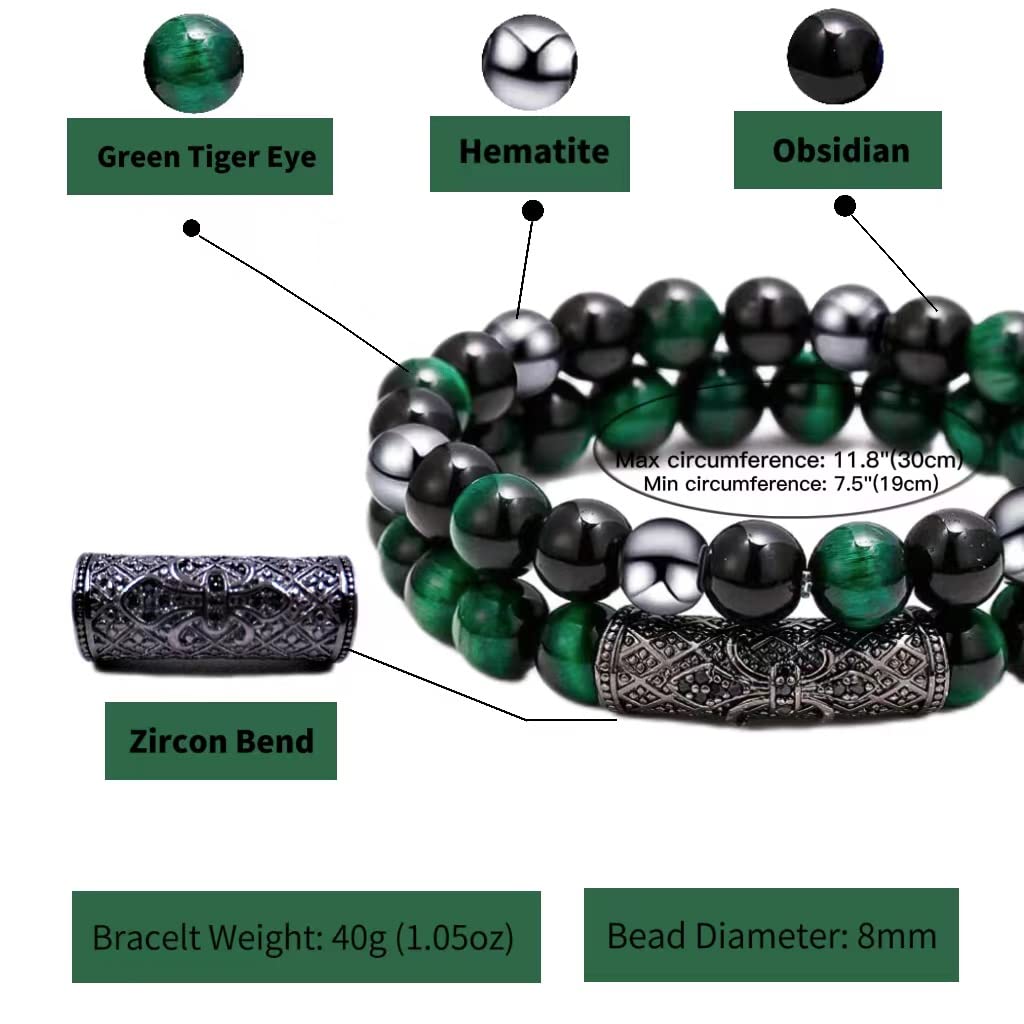 2Pcs Triple Protection Bracelet,Natural Tigers Eye Black Obsidian and Hematite 8 MM Beads Bracelet for Men Women Gift, Healing Crystal Bracelets Bring Luck and Prosperity and Happiness (Green)