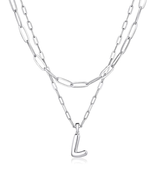 adoyi Silver Initial Necklace for Women 14k Gold Plated Layered Bubble Letter Necklaces Trendy Jewelry Chain Name L Pendant Necklace Stack Birthday Valentines Gifts