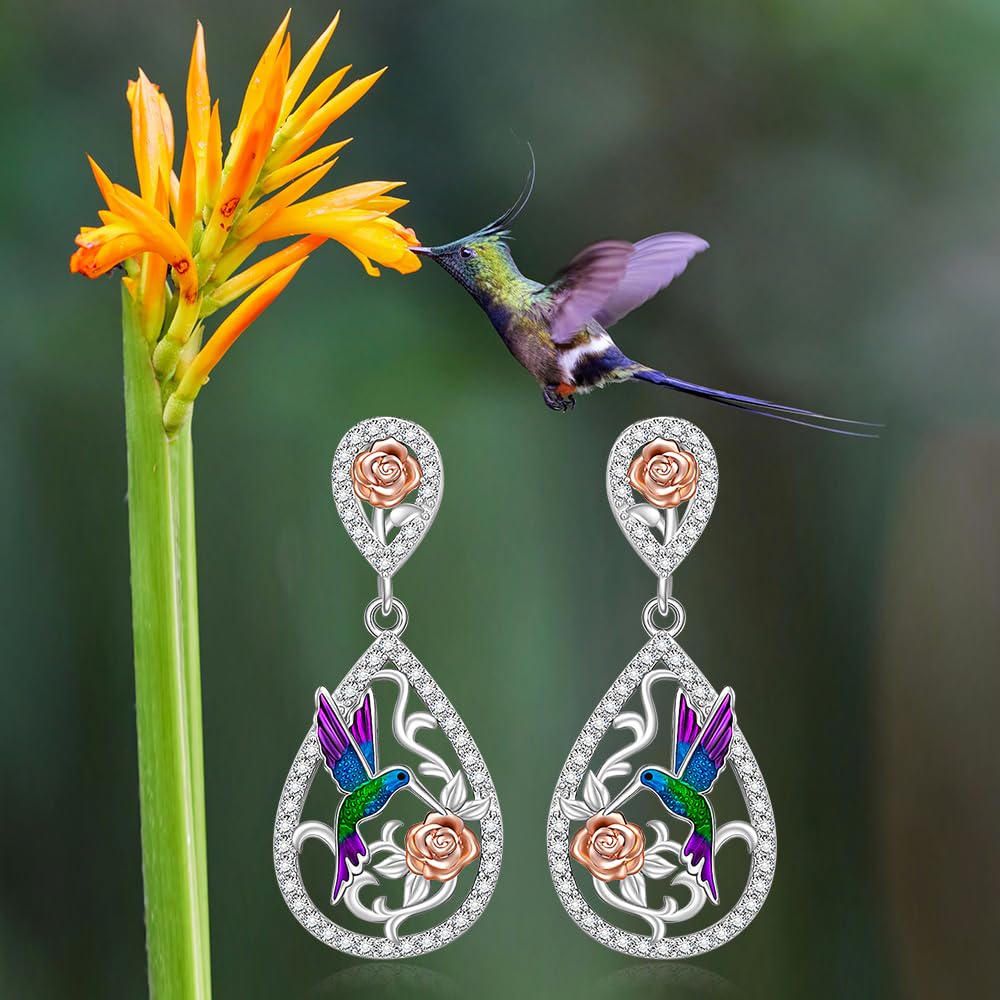 Hummingbird Earrings for Women 925 Sterling Silver Rose Dangle Drops for Women Cubic Zirconia Bird and Rose Design Dangle Drop Earrings Gifts for Lovers