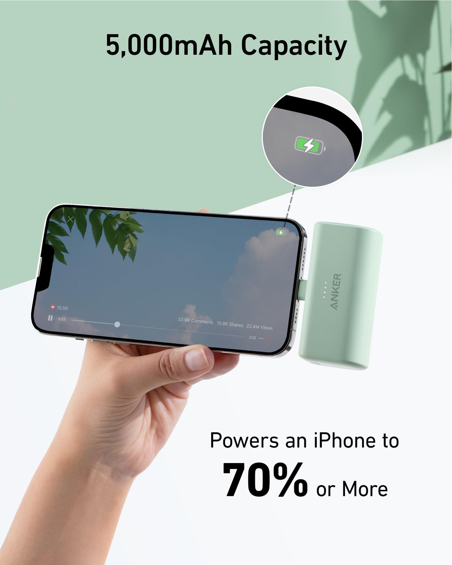 Anker Nano Portable Charger for iPhone, with Built-in MFi Certified Lightning Connector, Power Bank 5,000mAh 12W, Compatible with iPhone 14/13/12 Series (Pink)