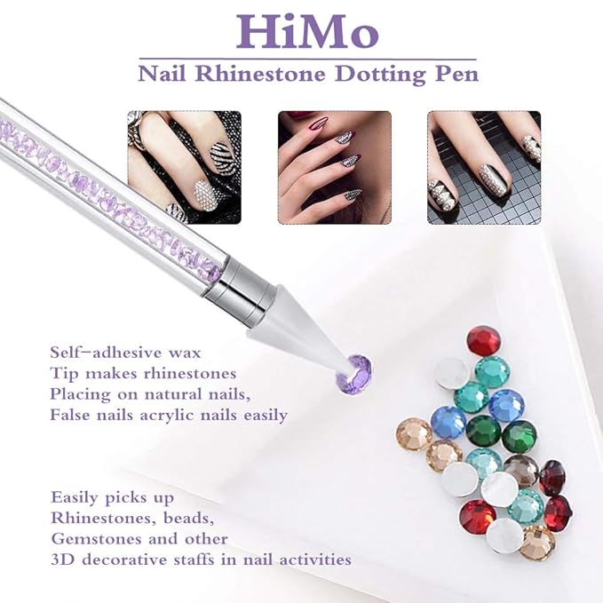 Nail Rhinestone Picker Dotting Tool with Extra 2 Wax Head, Dual-ended DIY Nail Art Tool With Pink Acrylic Handle (PURPLE)