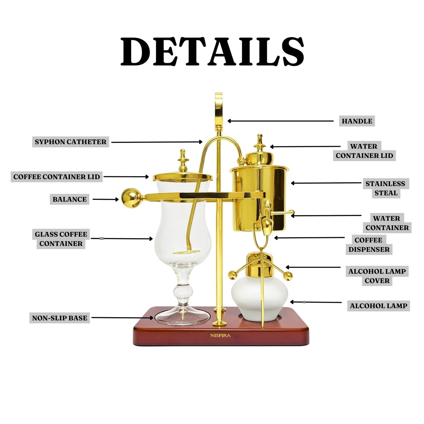 Nispira Belgium Royal Family Balance Syphon Unique Gravity Vintage Coffee Maker Vacuum Brewing System Gold 500 ml
