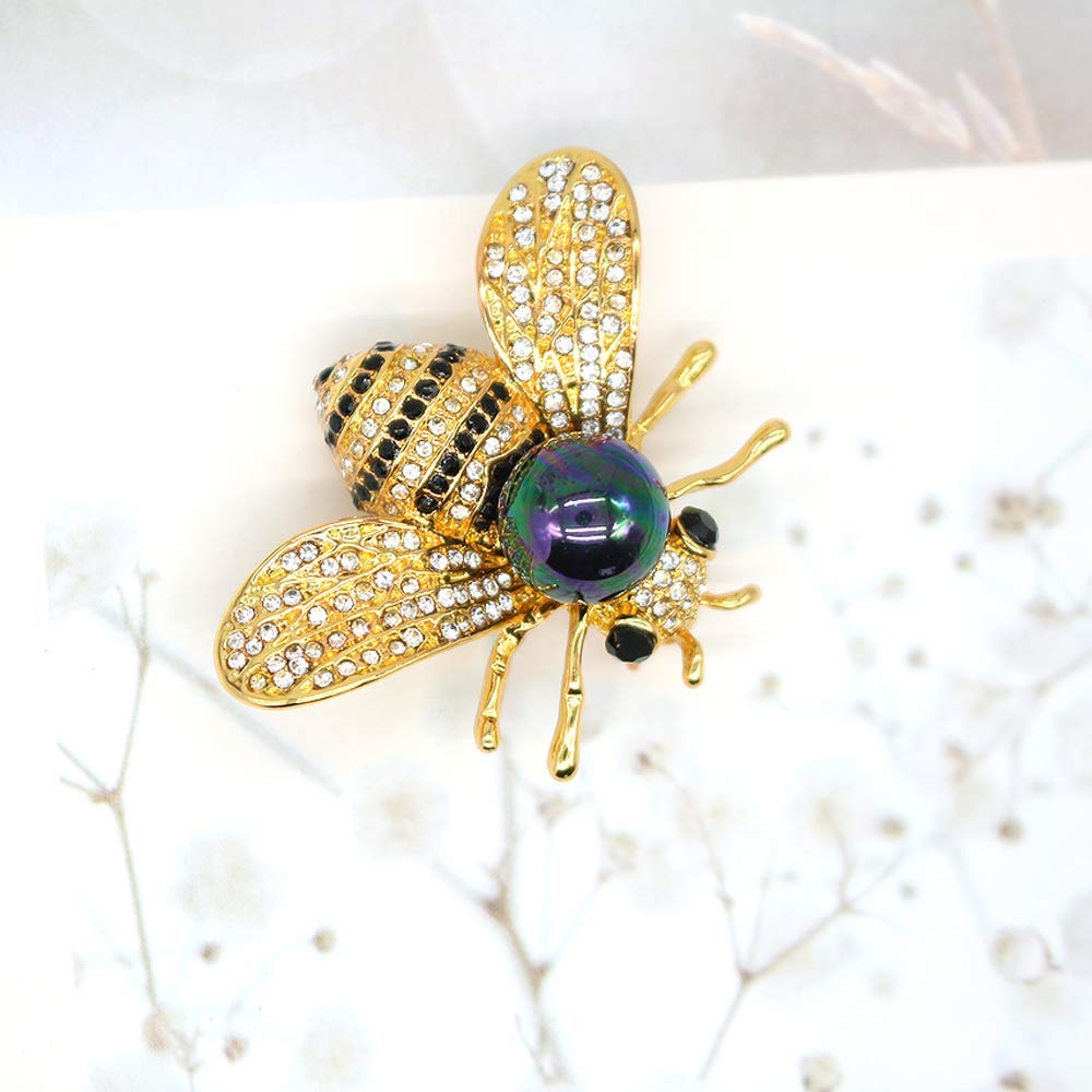 Honey Bee Brooches Crystal Insect Themed Bee Brooch Animal Fashion Shell Pearl Brooch Pin 14K Gold Plated(Multicolored black)