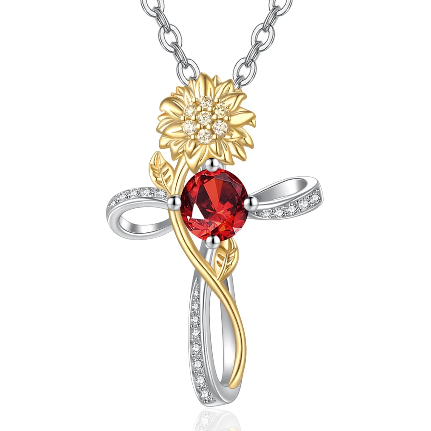 Cross Necklace for Women Sterling Silver Cross Pendant Jewelry with Sunflower Garnet January Birthstone Necklace Christian Religious Baptism First Communion Confirmation Birthday Gifts for Women