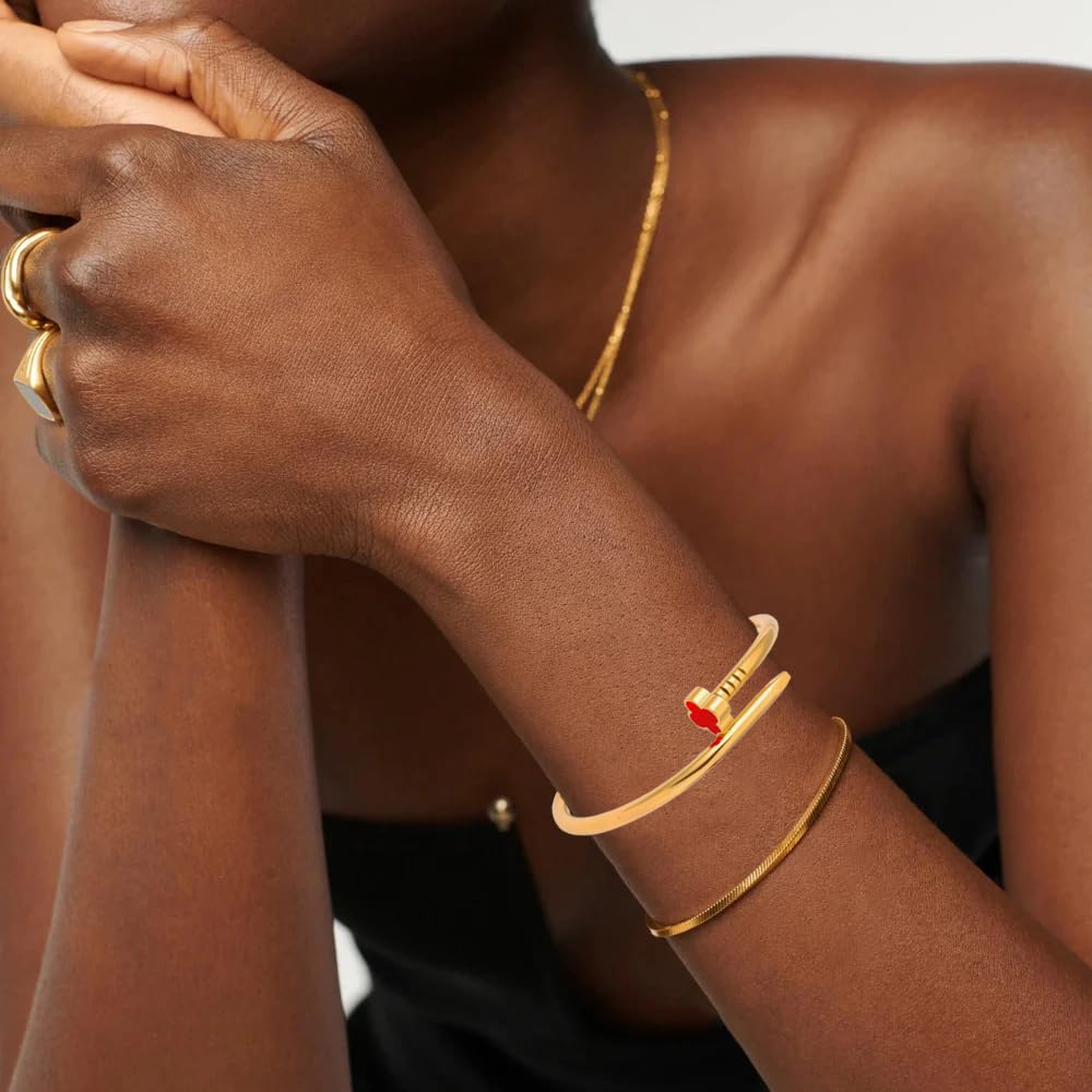 18K Gold Plated Love Nail Bangle Bracelet for Women,Stainless Steel Non-Tarnish Stackable Nail Bangle Couple Bracelet Love Trendy Jewelry Dainty Gold Bracelet Gift for Women