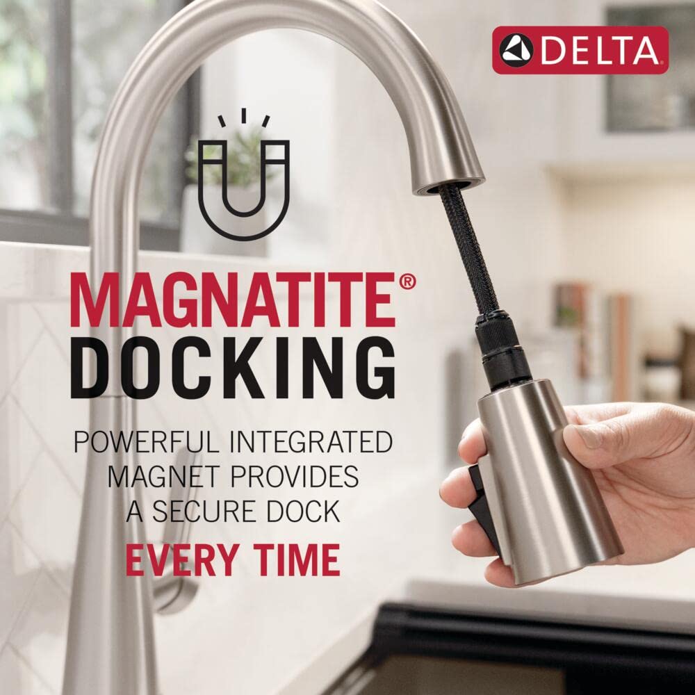 Delta Essa Brushed Nickel Kitchen Faucet with Pull Down Sprayer, Modern Single Hole Kitchen Sink Faucet, Single Handle, Arctic Stainless 9113-AR-DST