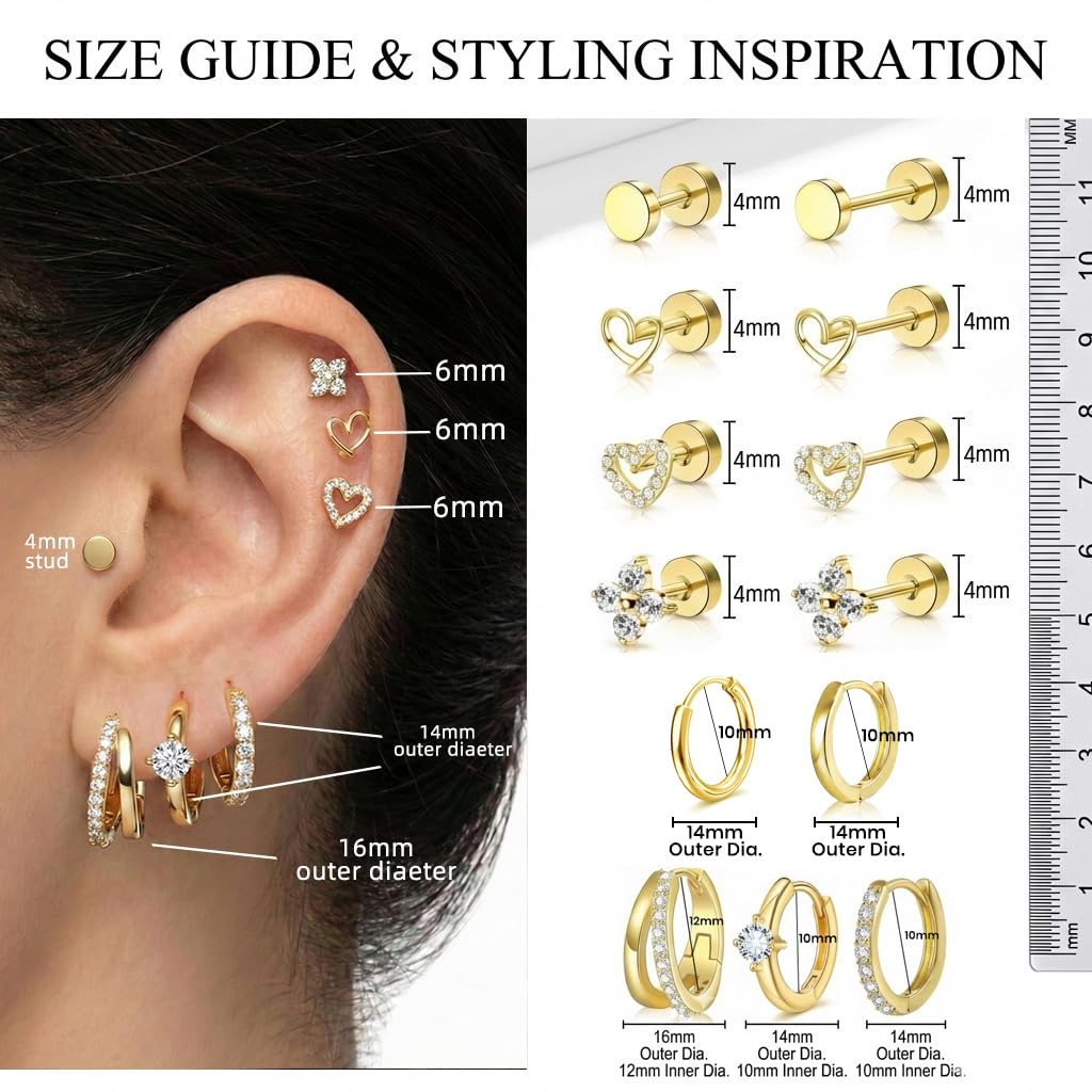 Nunpag 9 Pairs Hypoallergenic 14K Gold Plated Flat Back Earrings for Women CZ Stones Studs Earring Circle Heart Clover Hoop Earrings Stainless Steel Jewelry Gift for Sensitive Ears