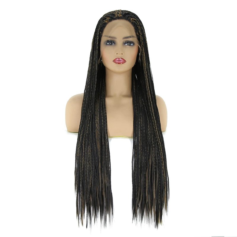 BTWTRY Orange Highlight Yellow Box Braided Wigs Synthetic Lace Front Wigs for Black Women Heat Resistant Wig Daily Use Cosplay Wigs (24inch, Orange Highlight Yellow)